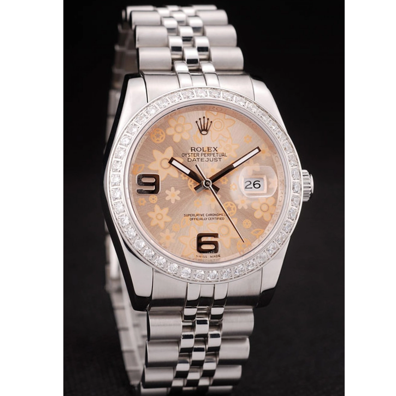 Aaa replica watch Flowers Rolex Orange Diamonds Plated Stainless Brushed Dial Steel DateJust Case 0818